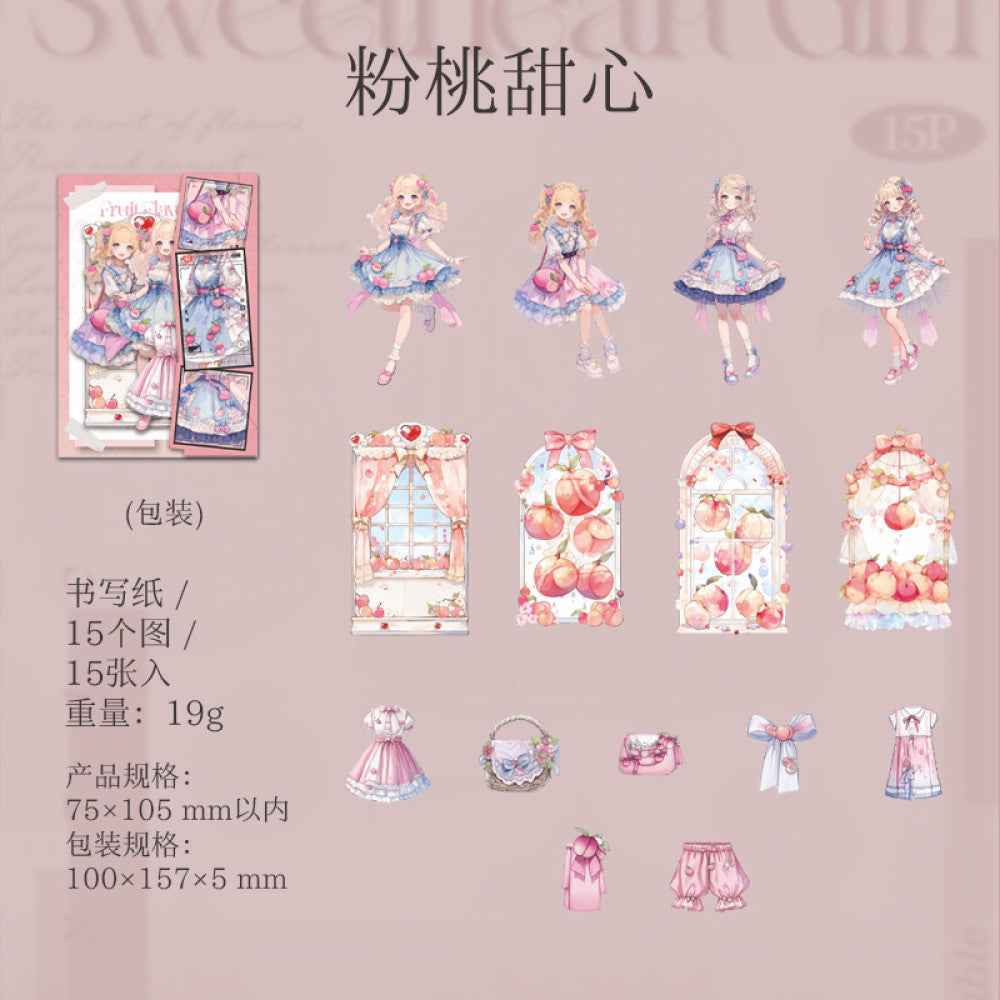 Fruity Sweetheart Girl Series Hard Card Stickers 6 Types 15 Pcs