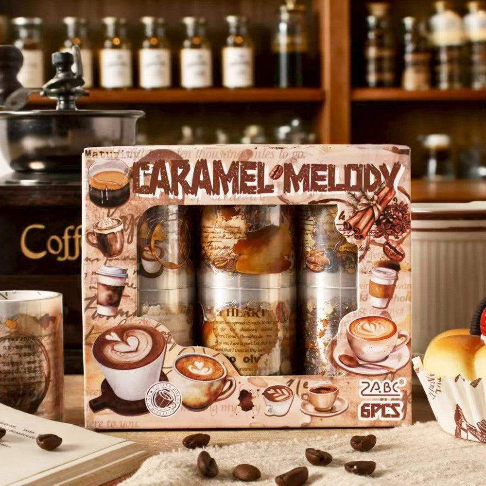 Caramel Melody Series PET Tape 6 Rolls with Die cut Retro Coffee Theme image 5