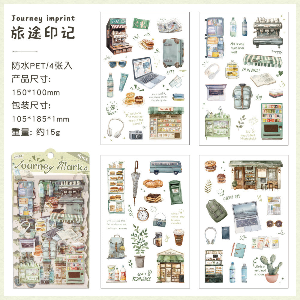 Travel Happiness Series Warm and Healing  PET Stickers 4 Sheets 4 Types