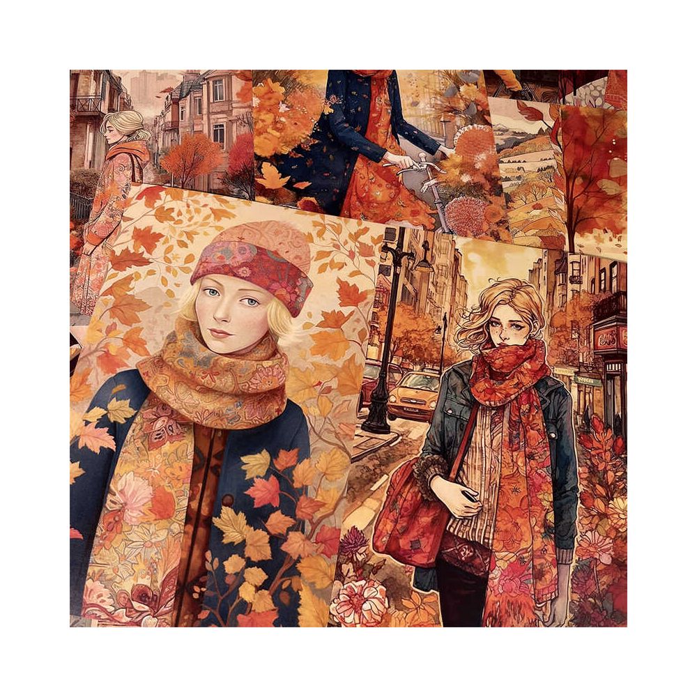 Retro Art Autumn Leaves Falling Girl  Background Paper 14cm / 18cm 8 Sheets