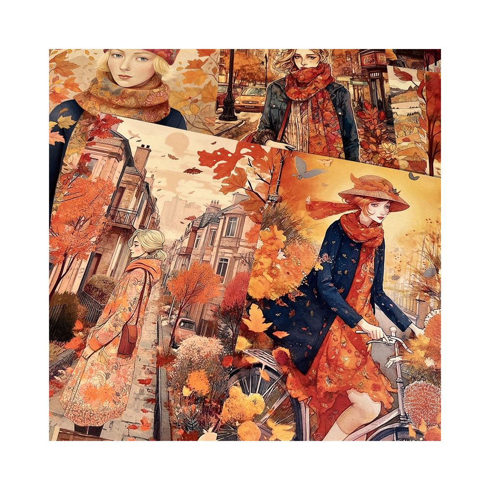 Retro Art Autumn Leaves Falling Girl Background Paper 14cm 18cm 8 Sheets image 1