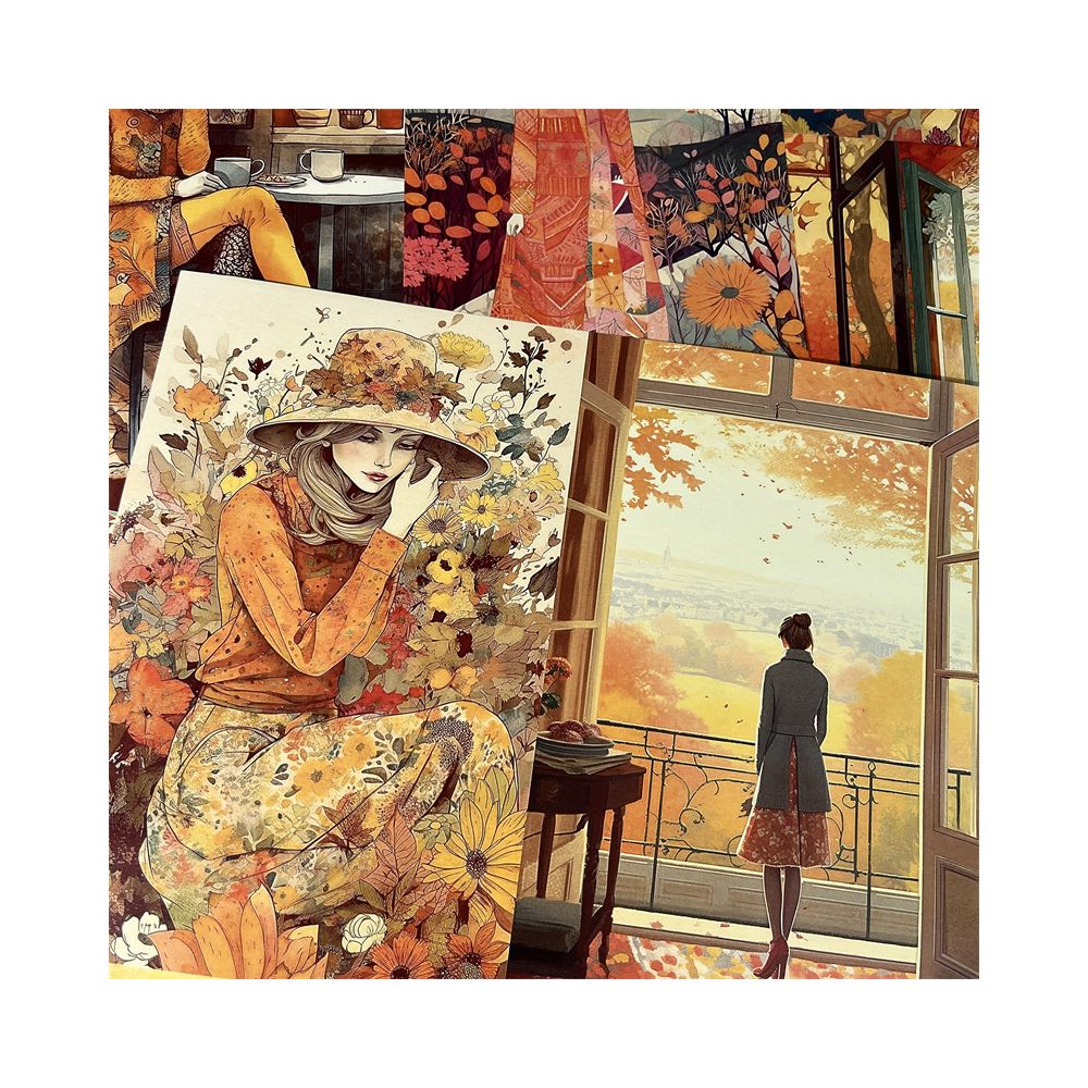 Retro Art Autumn Leaves Falling Girl Background Paper 14cm 18cm 8 Sheets image 2