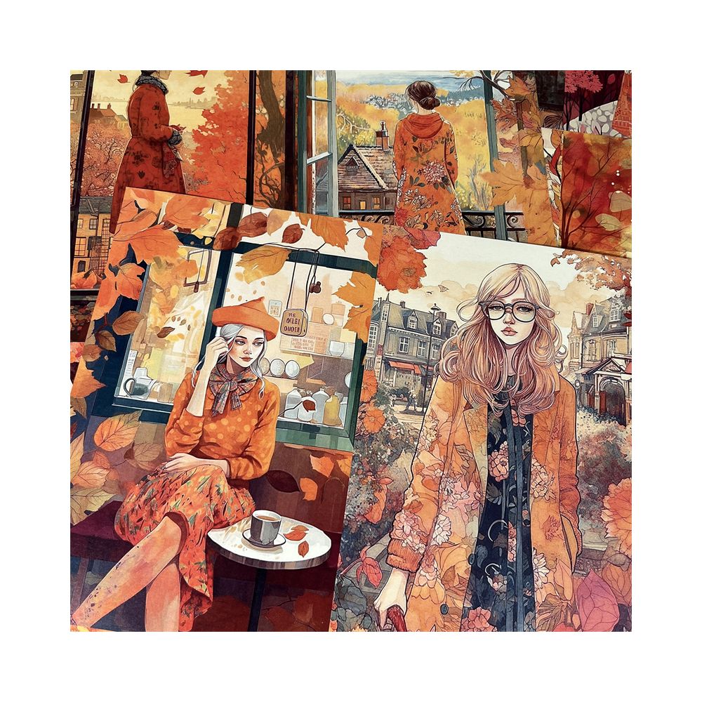 Retro Art Autumn Leaves Falling Girl Background Paper 14cm 18cm 8 Sheets image 3