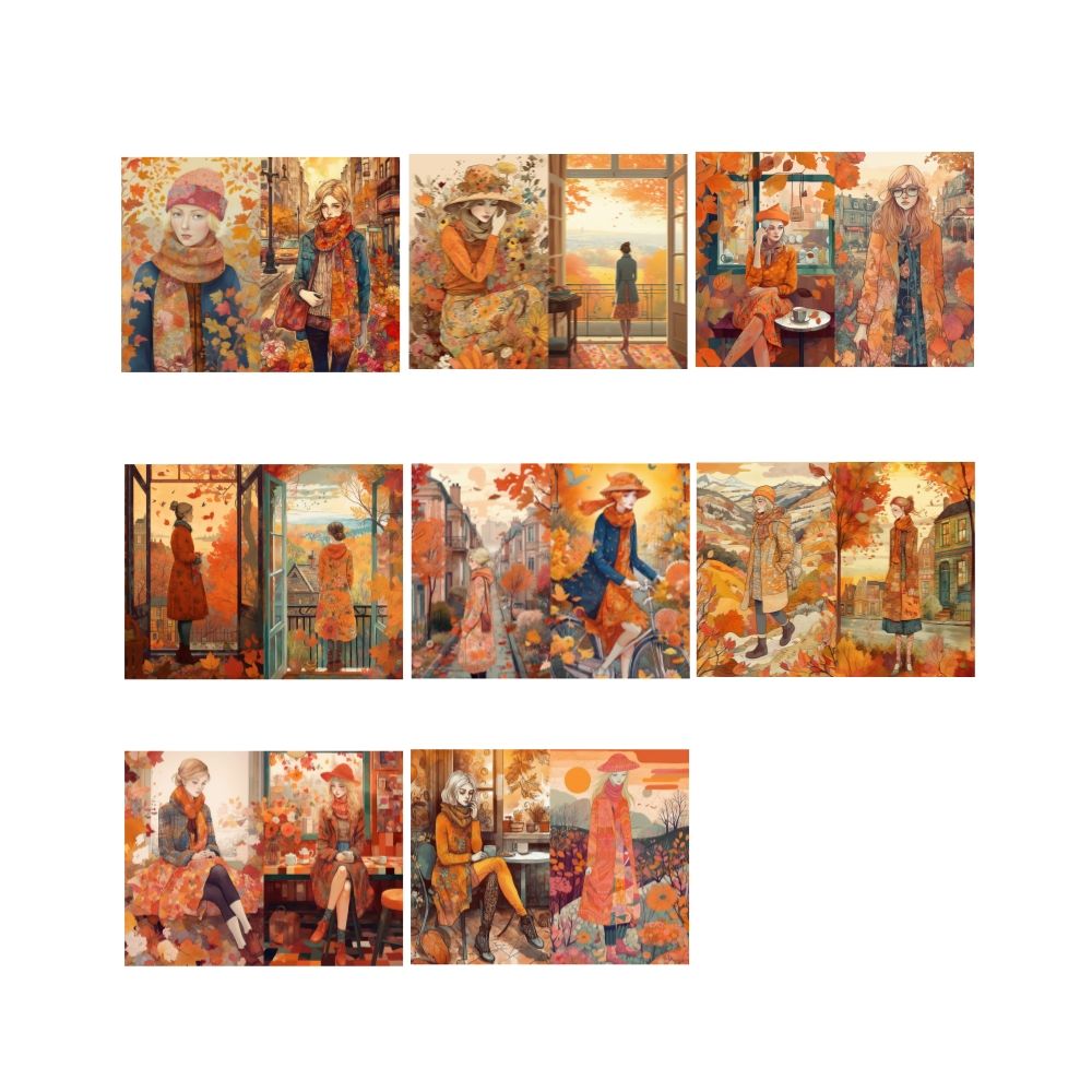 Retro Art Autumn Leaves Falling Girl Background Paper 14cm 18cm 8 Sheets image 5