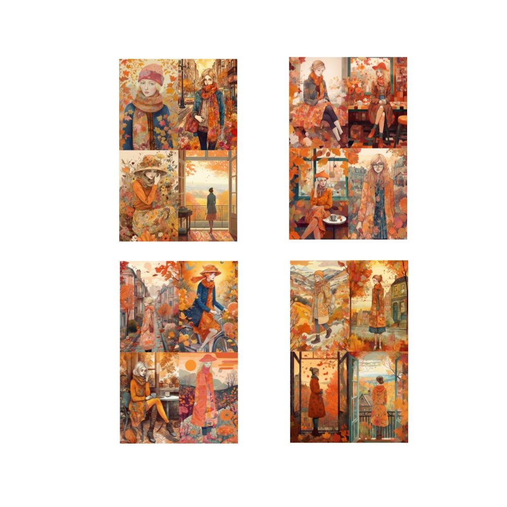 Retro Art Autumn Leaves Falling Girl  Background Paper 14cm / 18cm 8 Sheets
