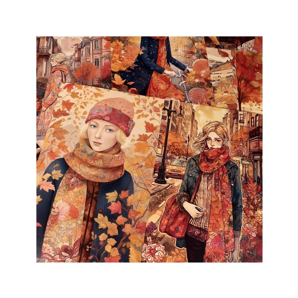 Retro Art Autumn Leaves Falling Girl  Background Paper 14cm / 18cm 8 Sheets