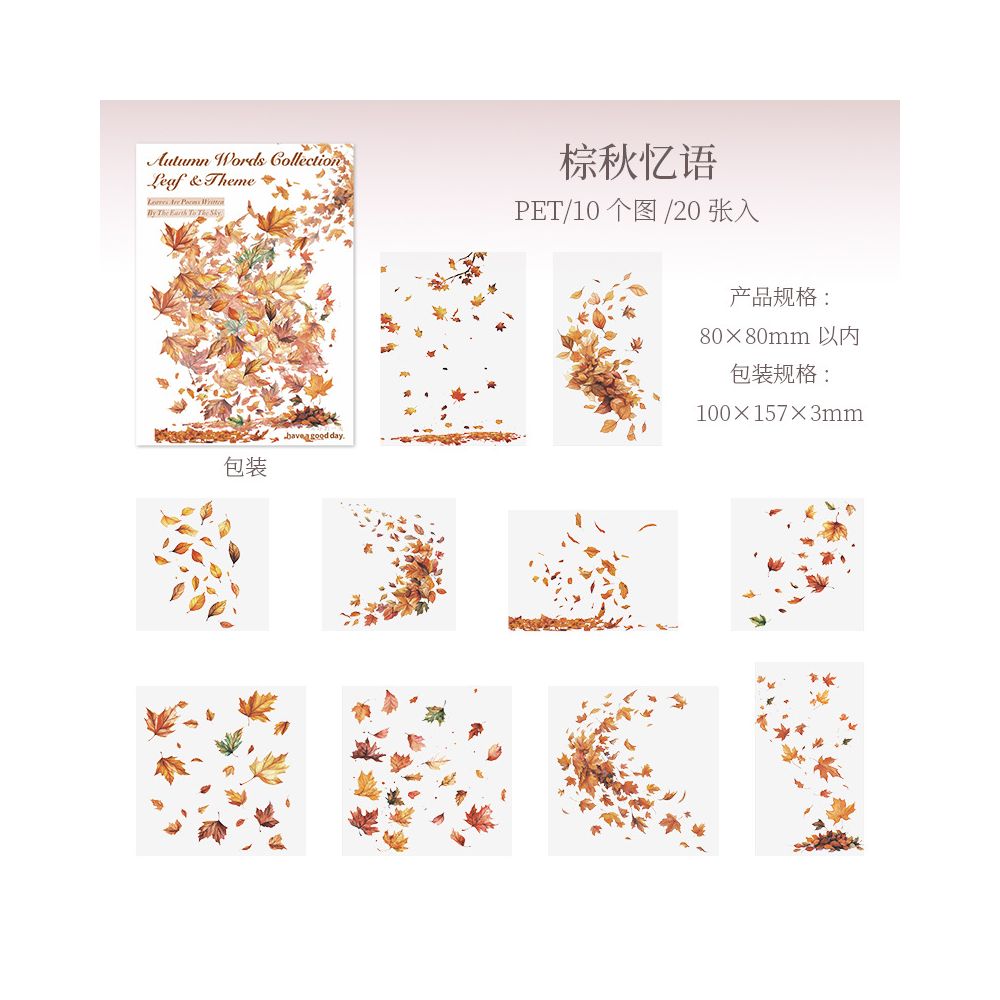 Autumn Words Collection Series Leaf PET Stickers 20 Pcs