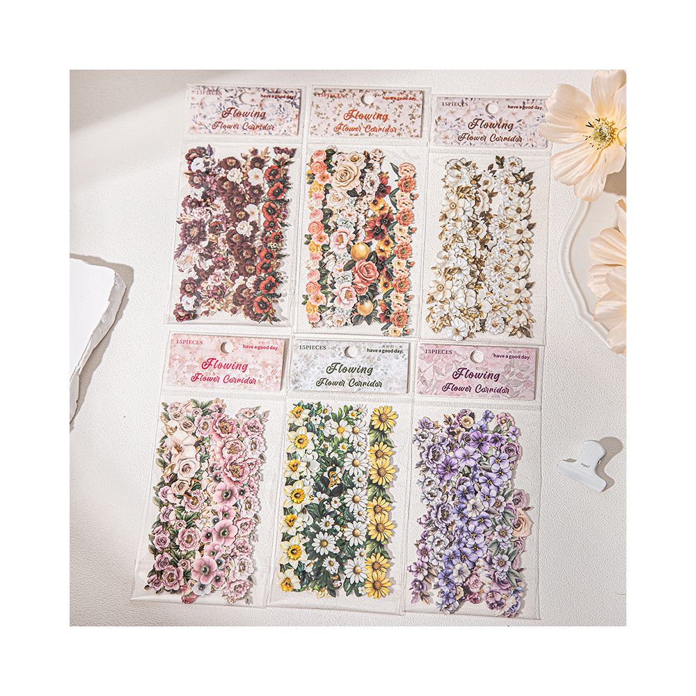 Flower Gallery Series Retro Flower Paper Stickers 6 Styles 15 Pcs image 1