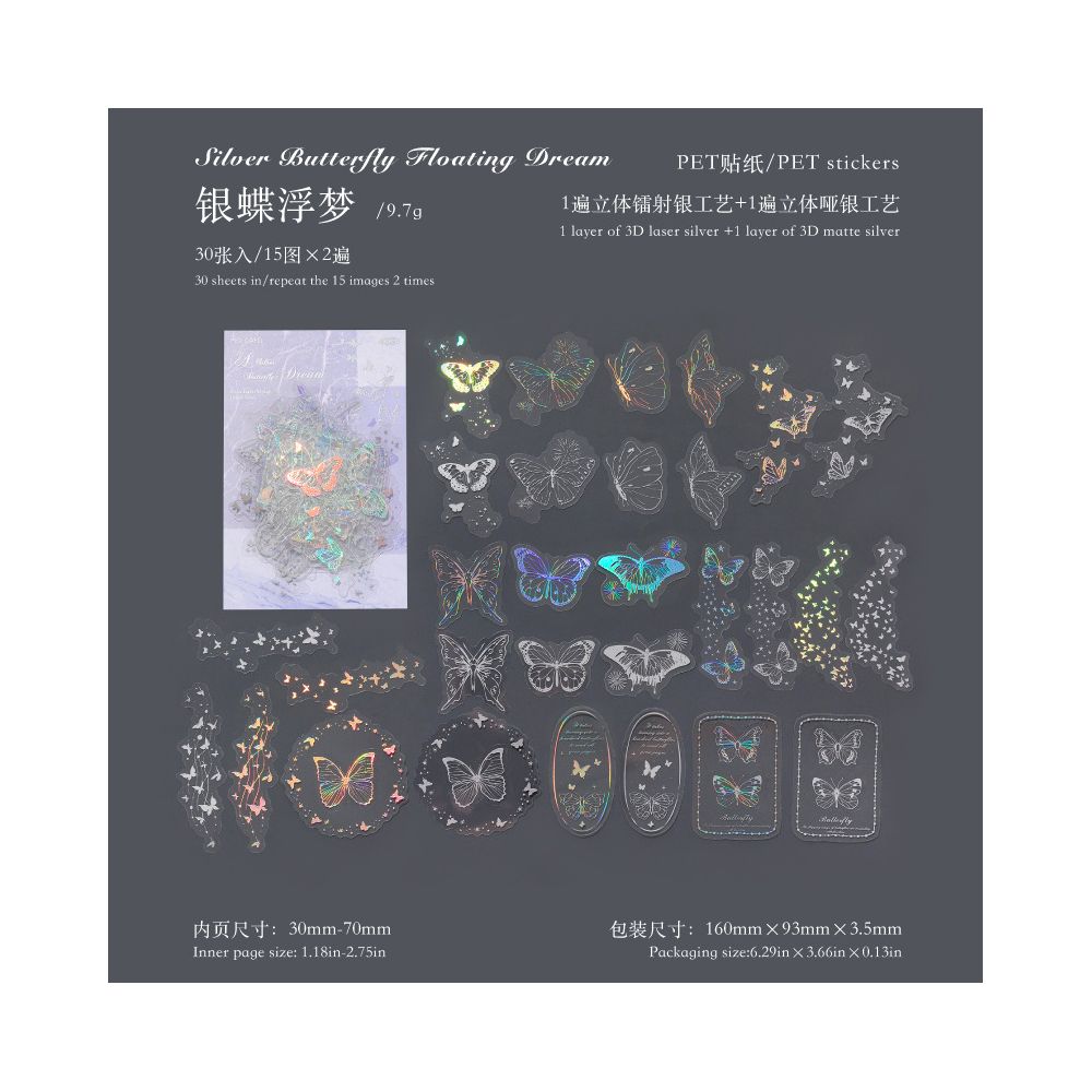 Dream Series Original Literary Silver Material 3D PET Stickers 6 types 30 Sheets
