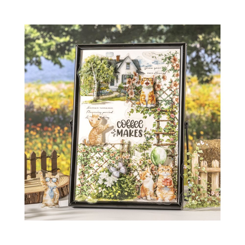 Backyard Cat Series Fence Landscaping Theme PET Stickers 6 Types 15 pcs image 3