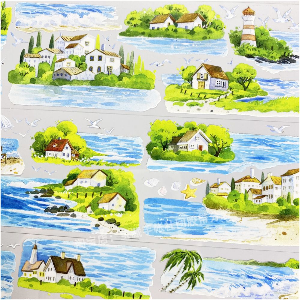 Town scenery waves seagulls PET Tape 5cm 1m image 0