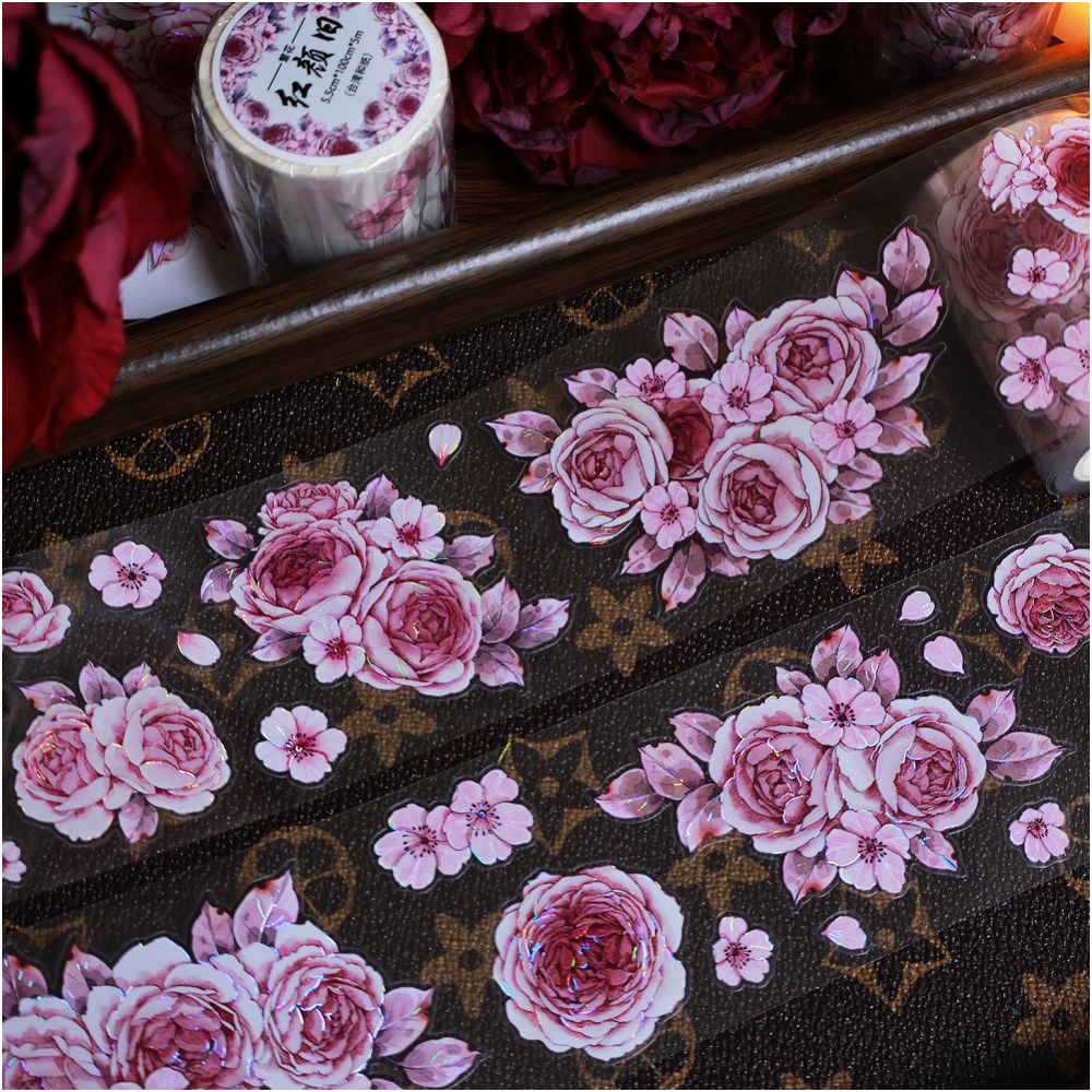 Retro pink flower PET die cut tape 5 5 cm 1m image 0