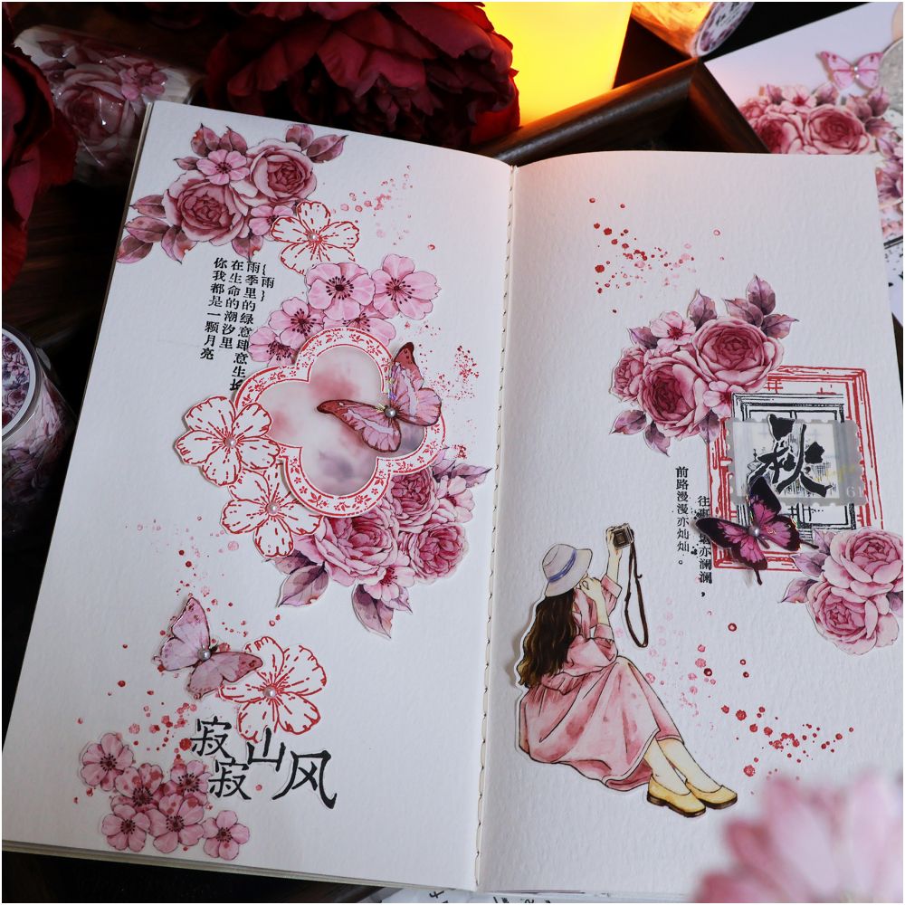 Retro pink flower PET die cut tape 5 5 cm 1m image 1
