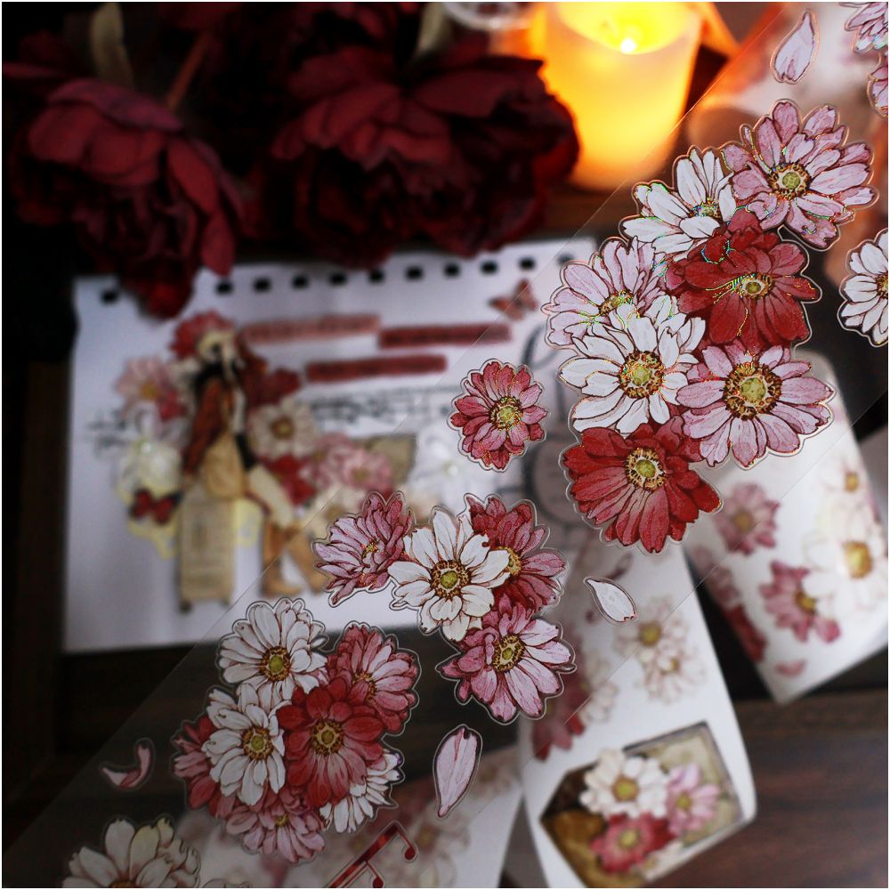 Retro pink and white flowers PET die cut 5,5cm / 1m