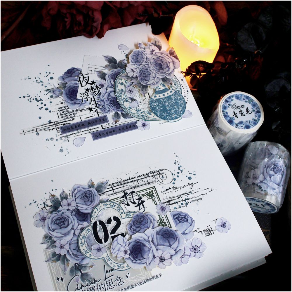 Retro flower blue die cut PET Tape 5 5cm 1m image 4