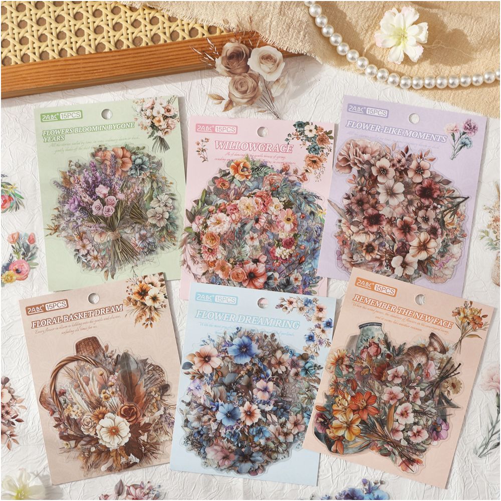 Retro flower series PET Stickers 15 Pcs 6 Styles image 0