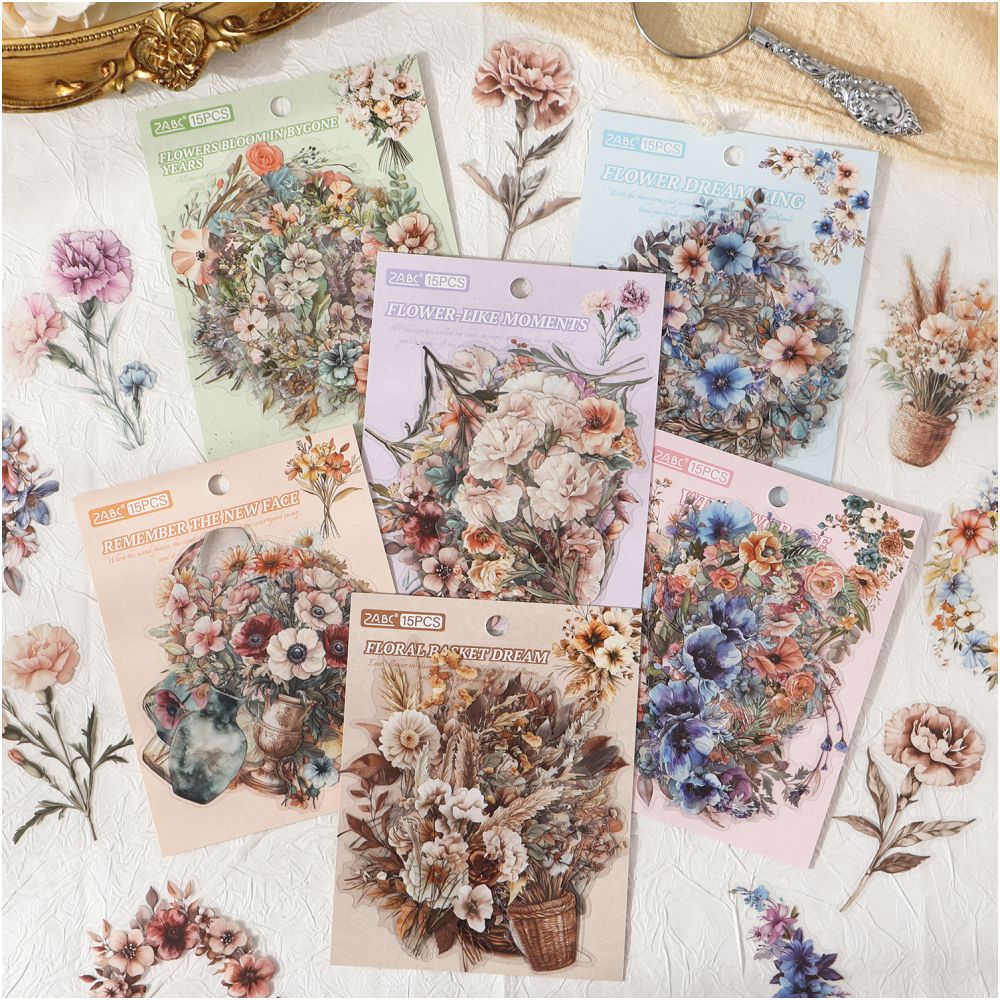 Retro flower series PET Stickers 15 Pcs 6 Styles image 3