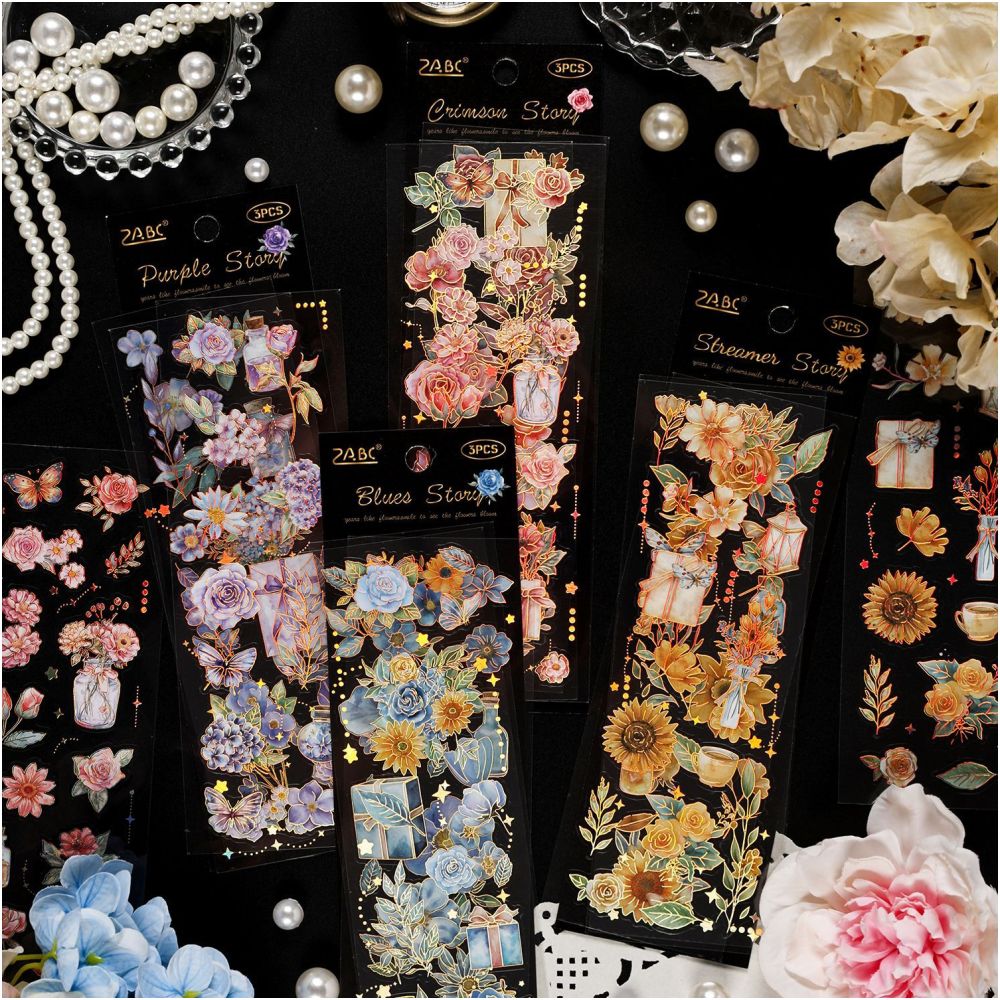 Retro Flower Theme PET Stickers 3 Sheets 4 Types image 0