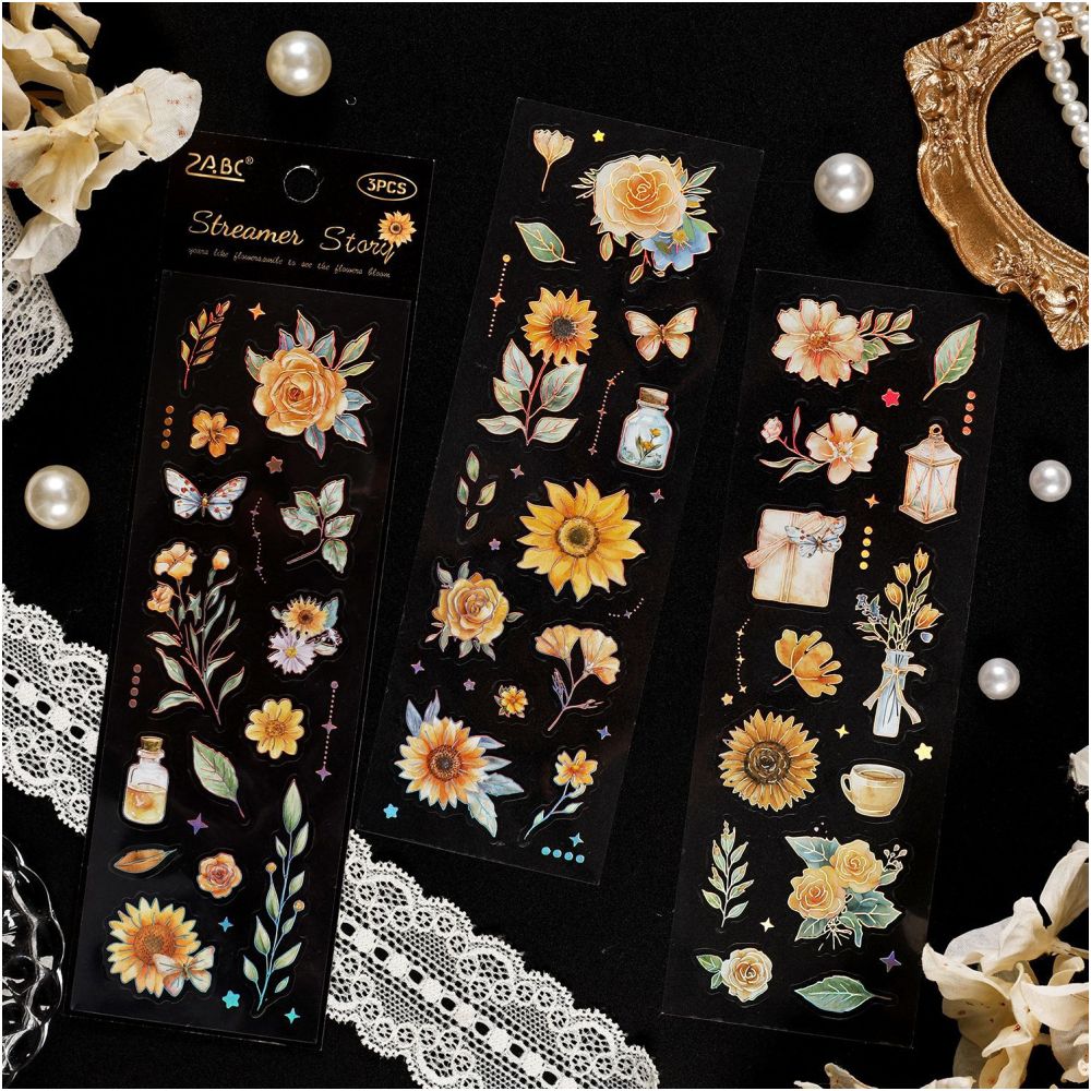 Retro Flower Theme PET Stickers 3 Sheets 4 Types image 1