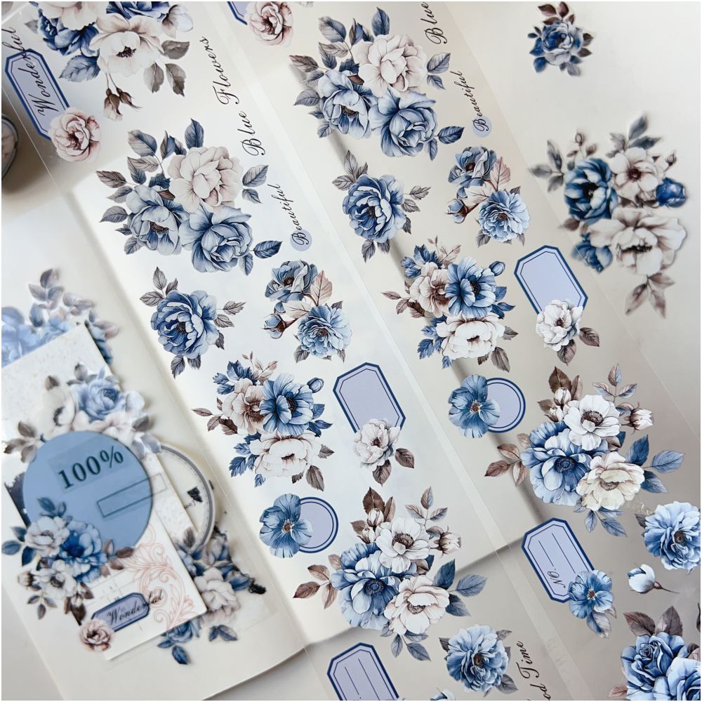 Light retro elegant blue and white flowers PET tape 6cm x 3m image 1