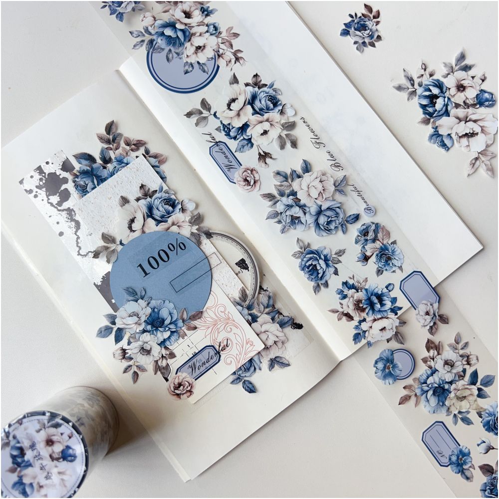 Light retro elegant blue and white flowers PET tape 6cm x 3m image 2
