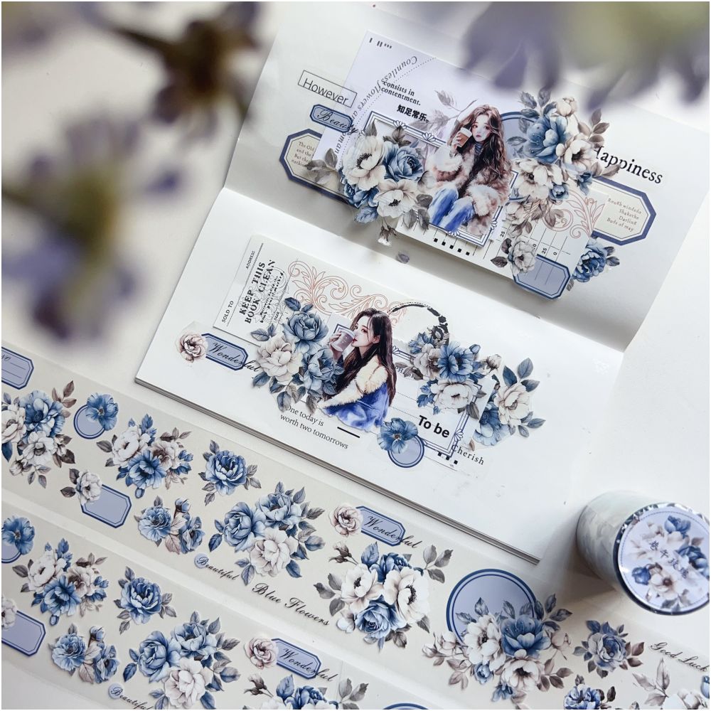 Light retro elegant blue and white flowers PET tape 6cm x 3m image 3
