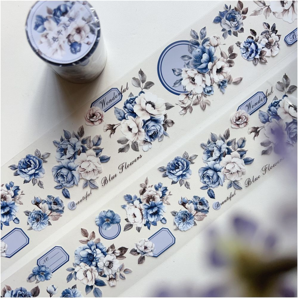 Light retro elegant blue and white flowers PET tape 6cm x 3m image 4