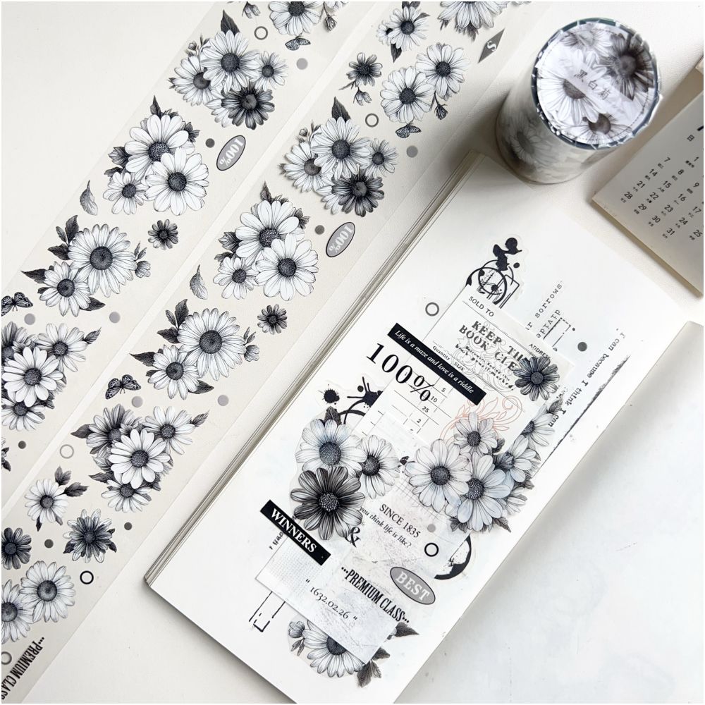 Black and White Chrysanthemum PET Tape 5cm 3m image 3