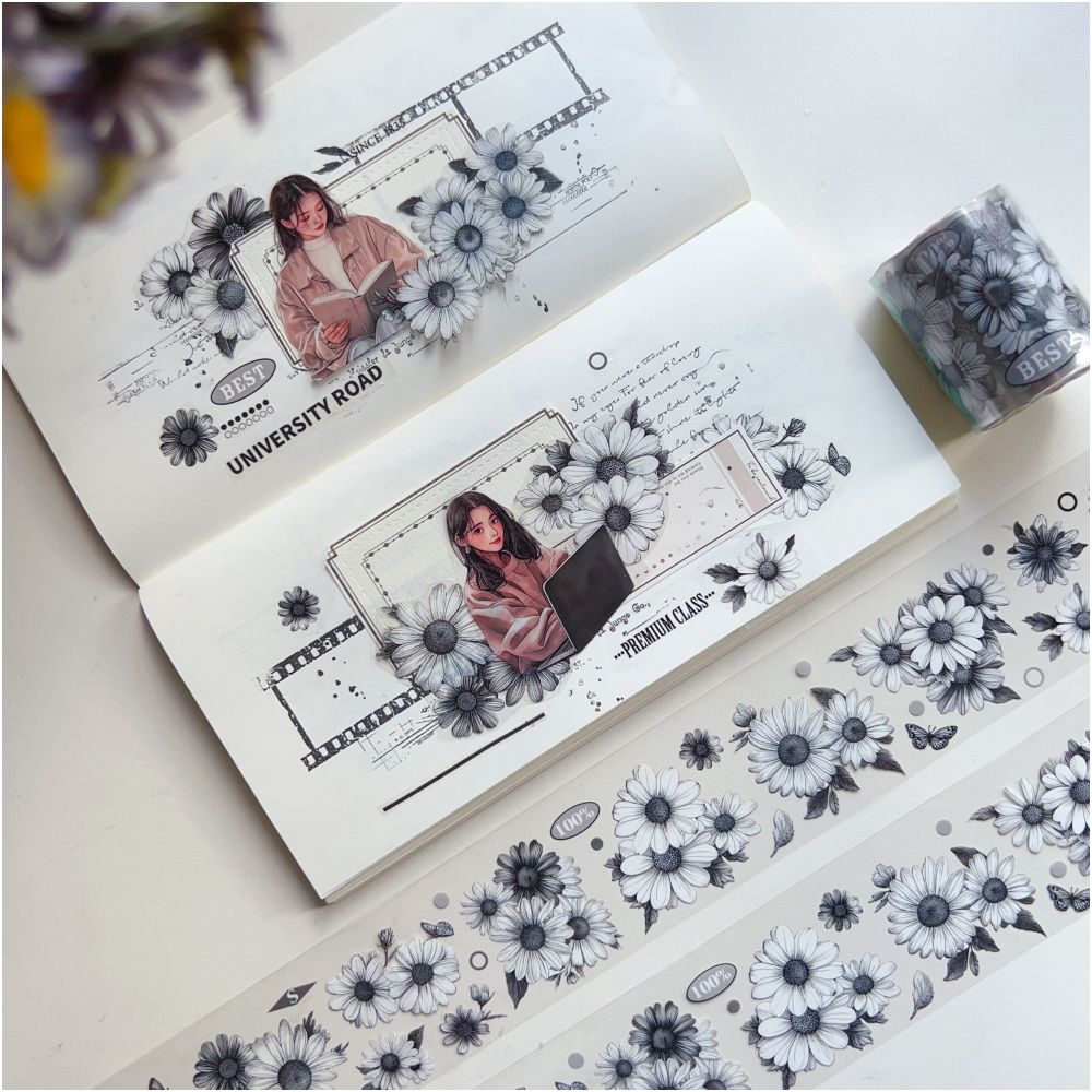 Black and White Chrysanthemum PET Tape 5cm 3m image 4