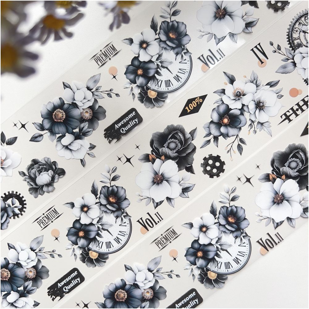 Light Retro Black and White Flower PET Tape 6cm 3m image 1