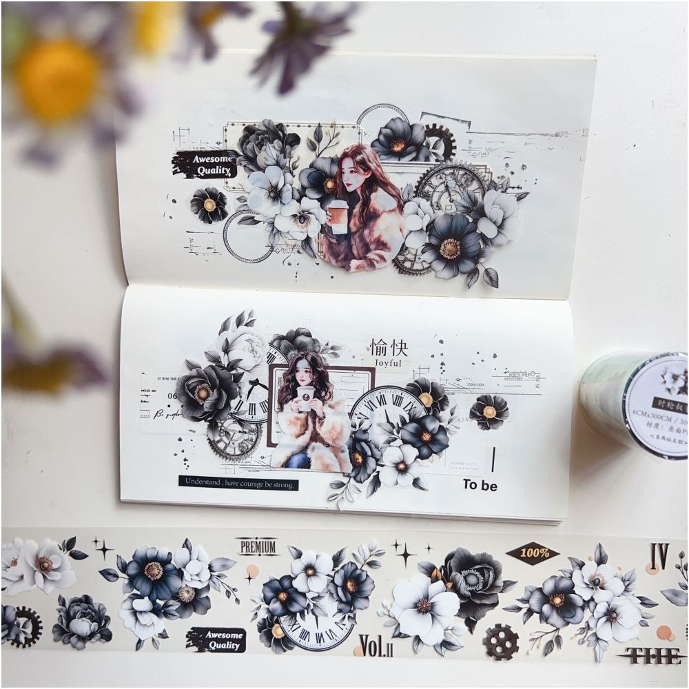 Light Retro Black and White Flower PET Tape 6cm 3m image 2