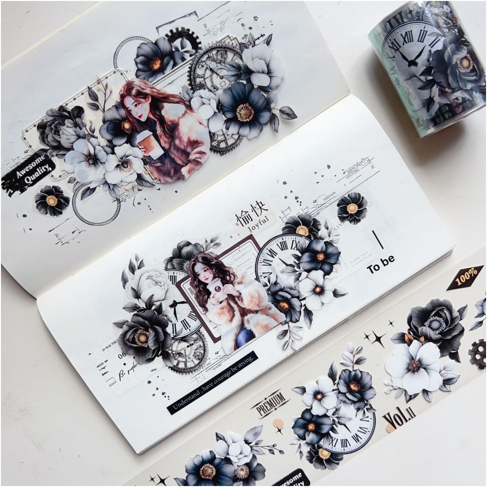 Light Retro Black and White Flower PET Tape 6cm 3m image 3