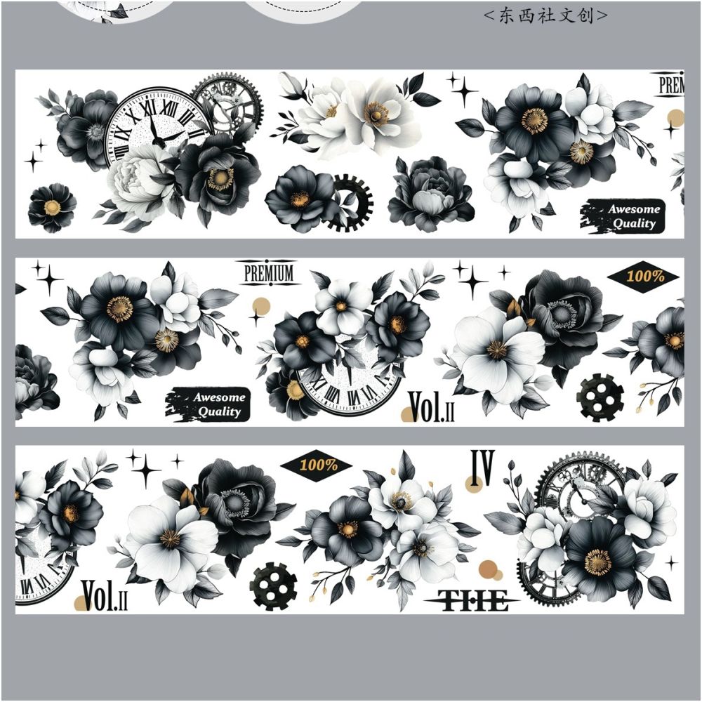 Light Retro Black and White Flower PET Tape 6cm 3m image 5