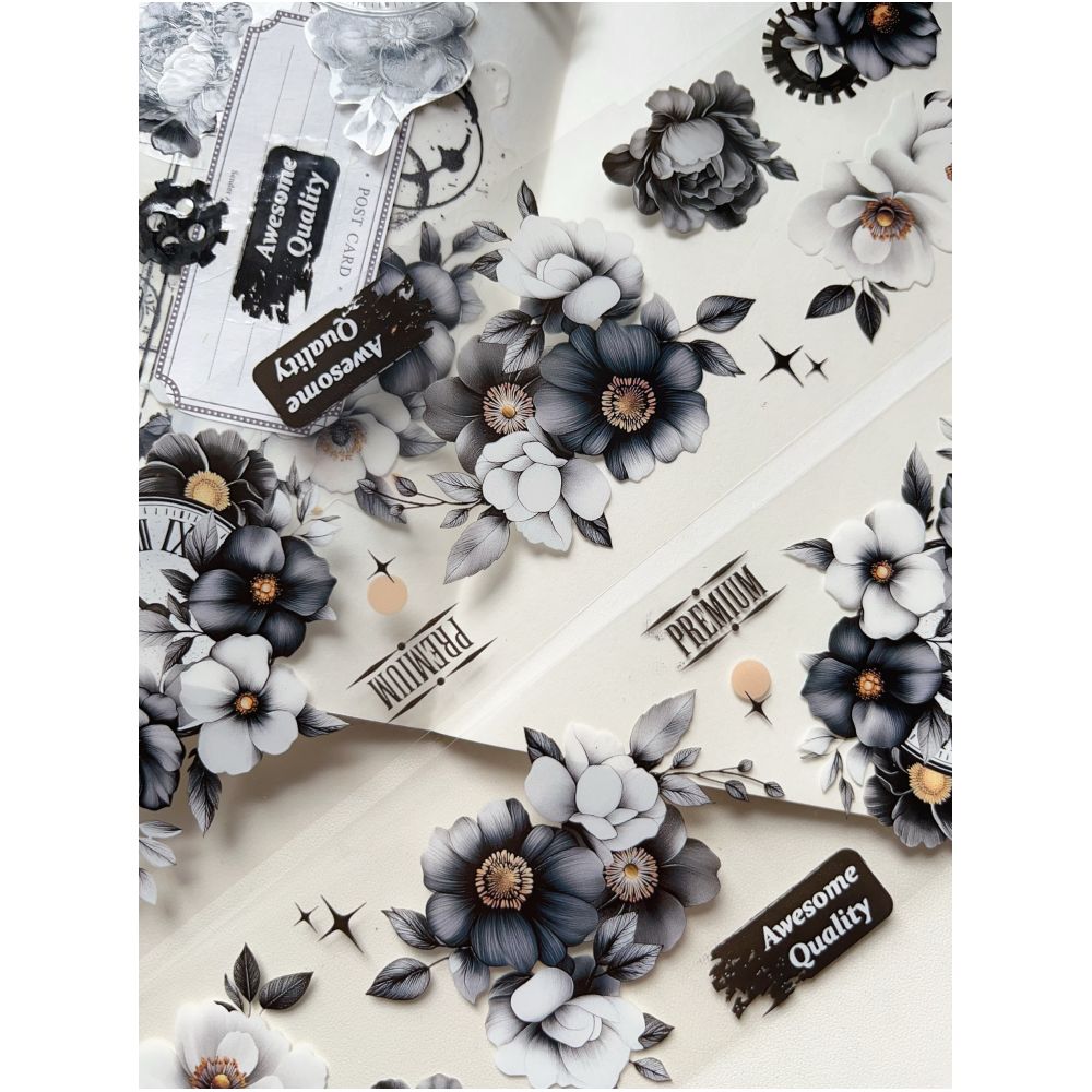 Light Retro Black and White Flower PET Tape 6cm 3m image 6
