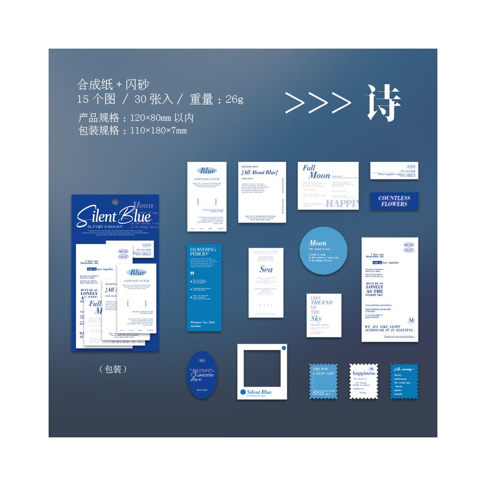 Silent Blue Series Paper Sticker 6 Styles 30 Pcs image 6