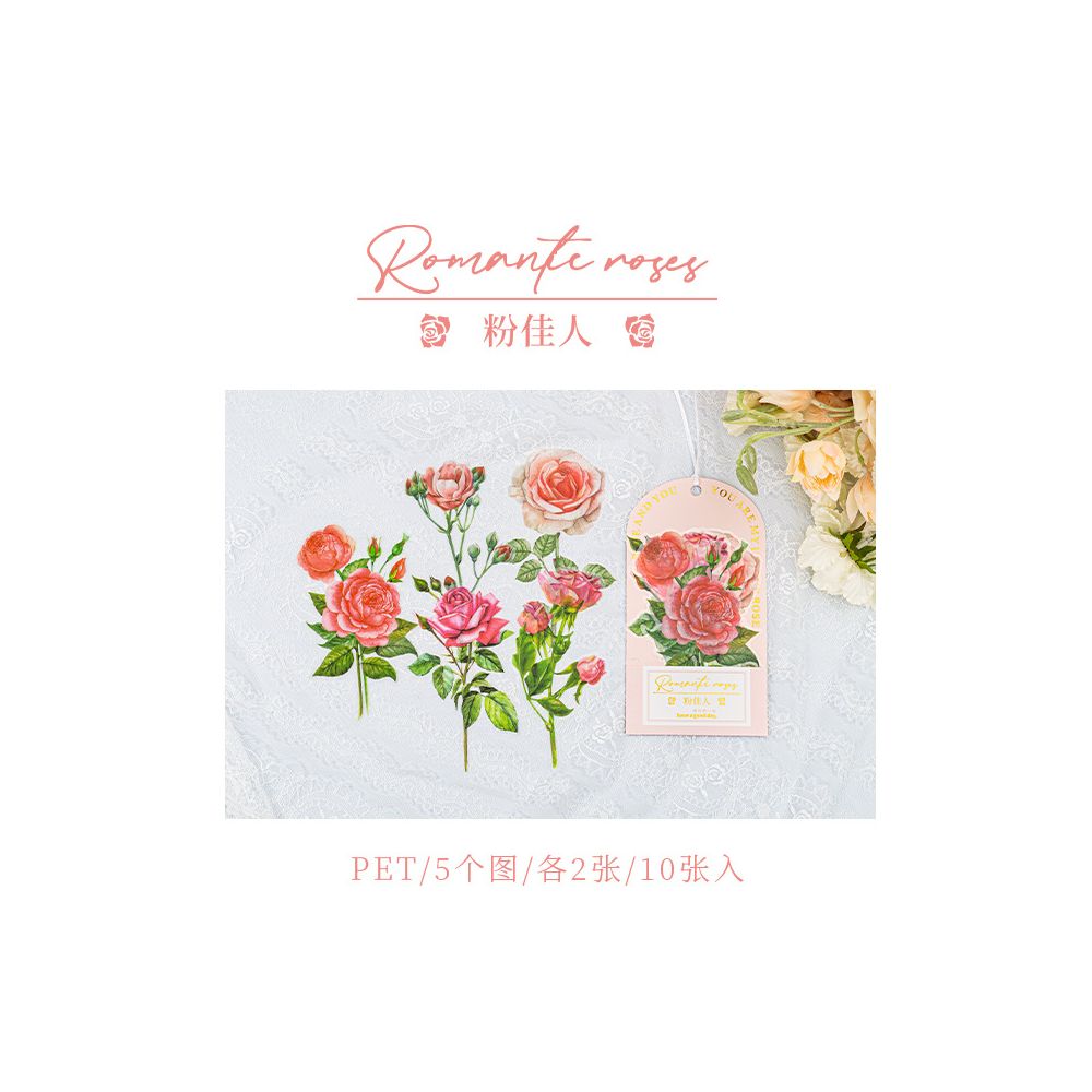 Pack Romantic Rose Series Large Size PET Stickers 6 Designs 10 Pcs