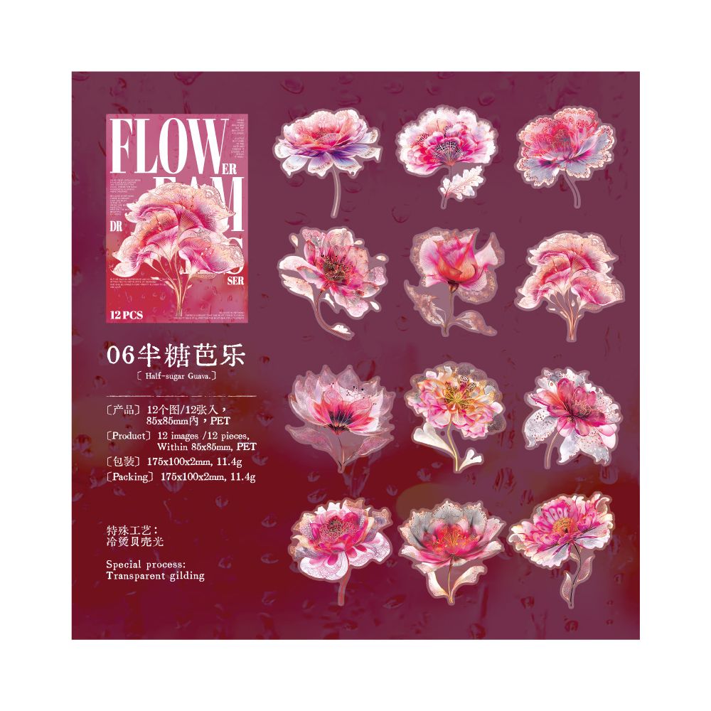 Flower Dream Series Floral Theme PET Stickers 12 Pcs 6 Styles