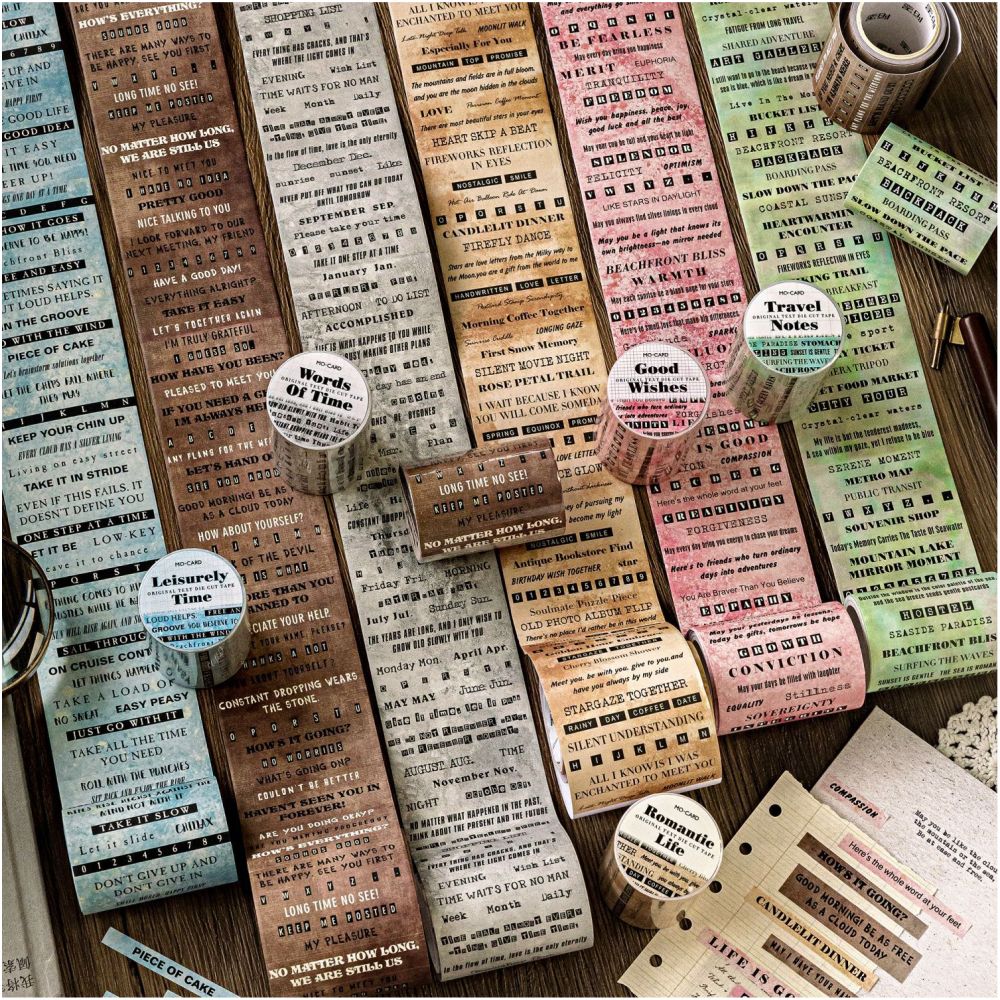 Time and Words series retro paper tape 6 designs 6cm 2m image 1