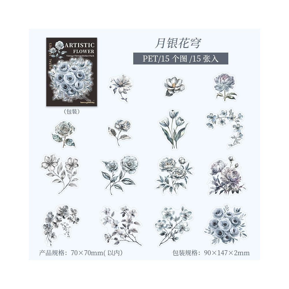 Artistic Floral Shadow Series PET Stickers 6 Styles 15 Pcs