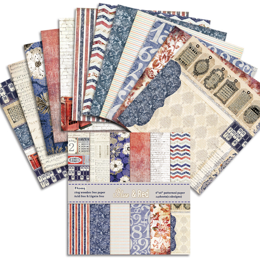 Blue & Red Pattern Background Paper – 24 Sheets - ViktaShop