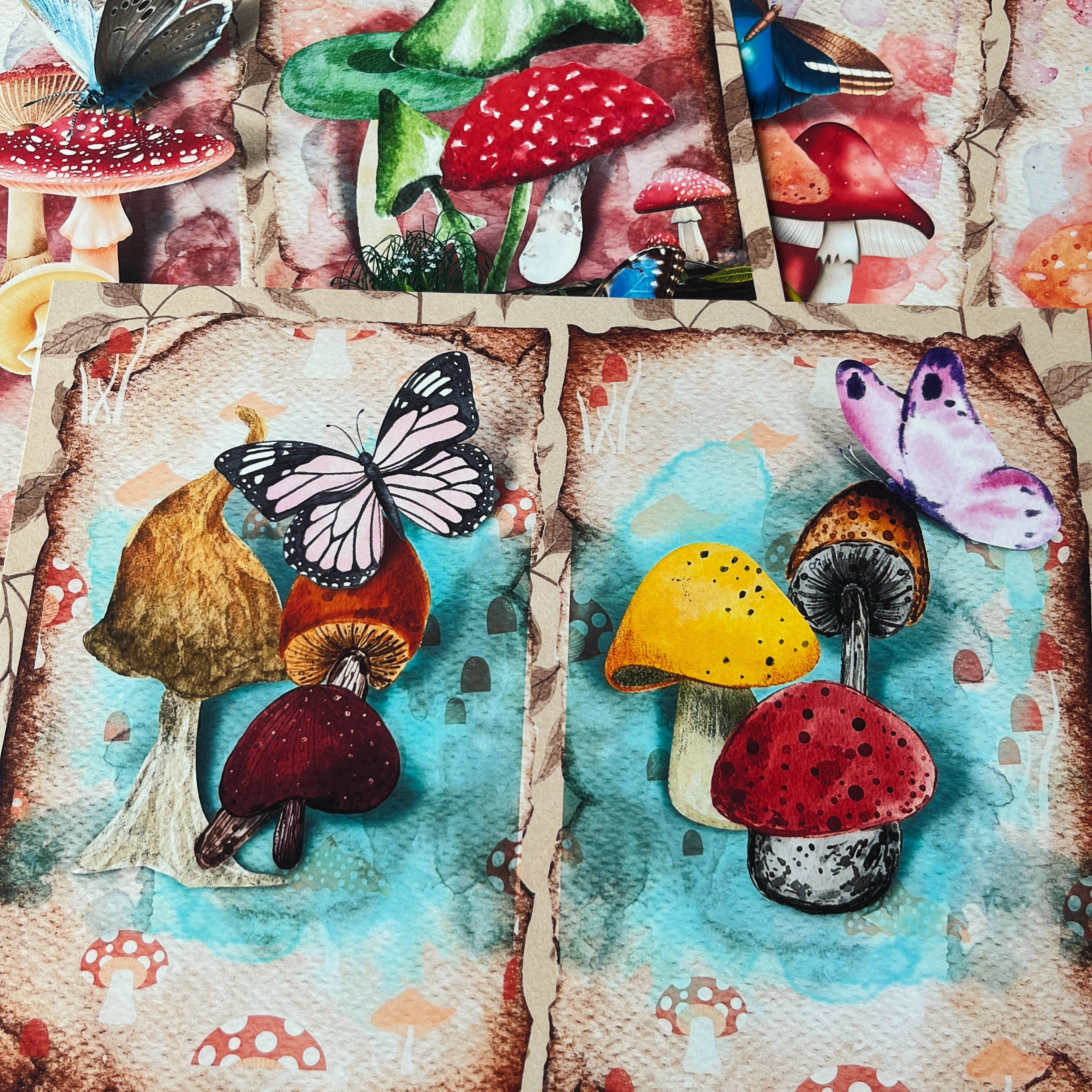 Retro Magic Forest Mushroom Butterfly Background vintage paper A4 8 sheets - ViktaShop