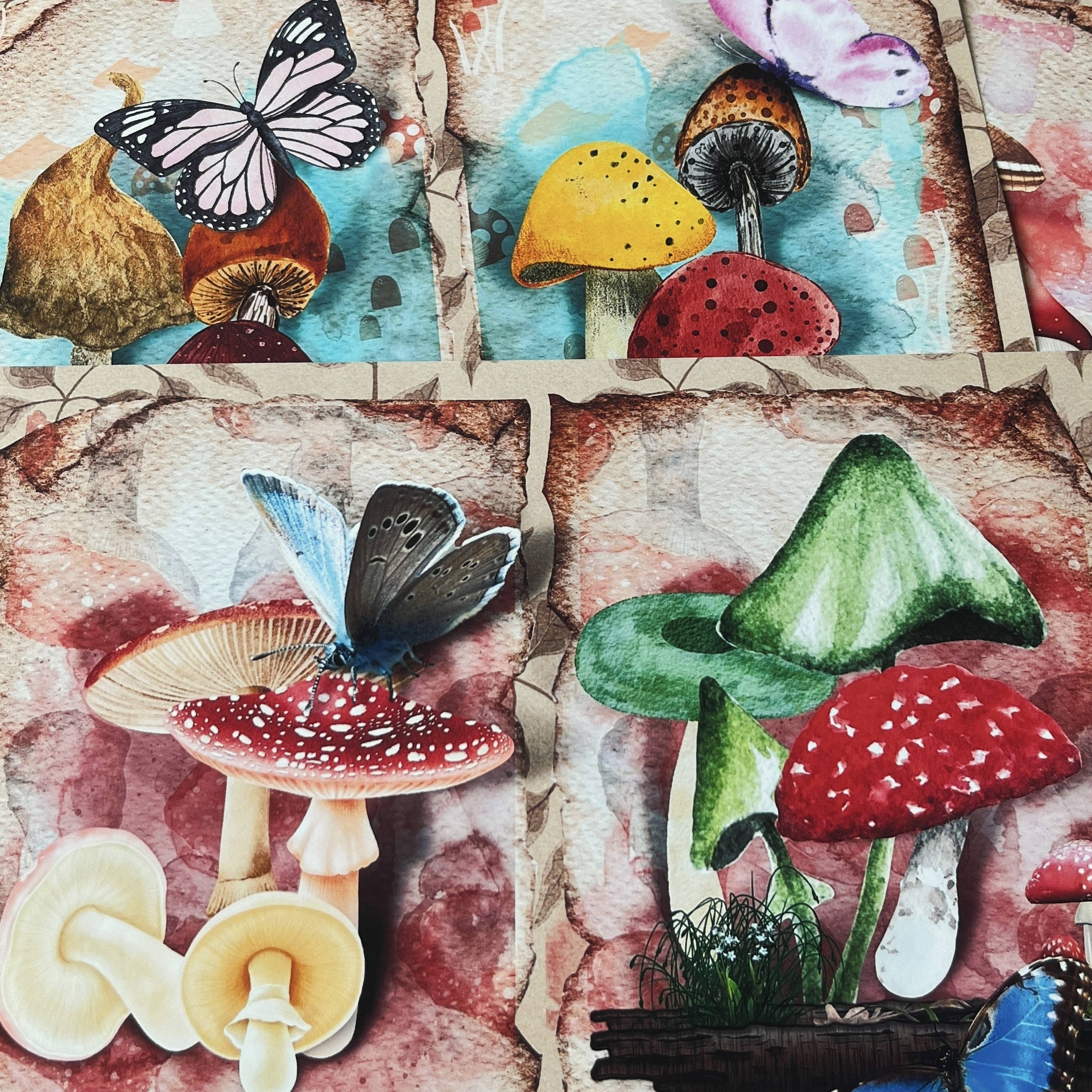 Retro Magic Forest Mushroom Butterfly Background vintage paper A4 8 sheets - ViktaShop