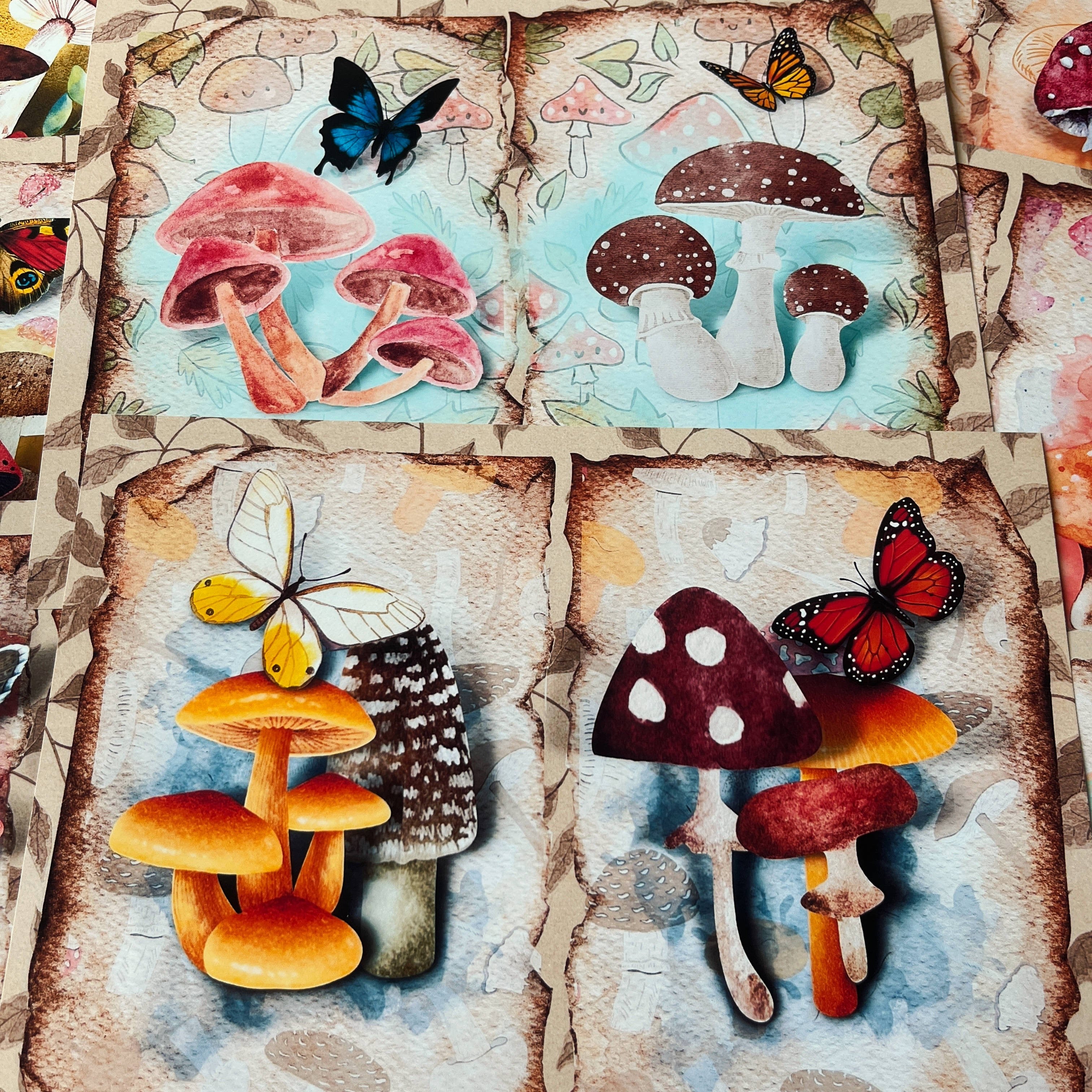 Retro Magic Forest Mushroom Butterfly Background vintage paper A4 8 sheets - ViktaShop
