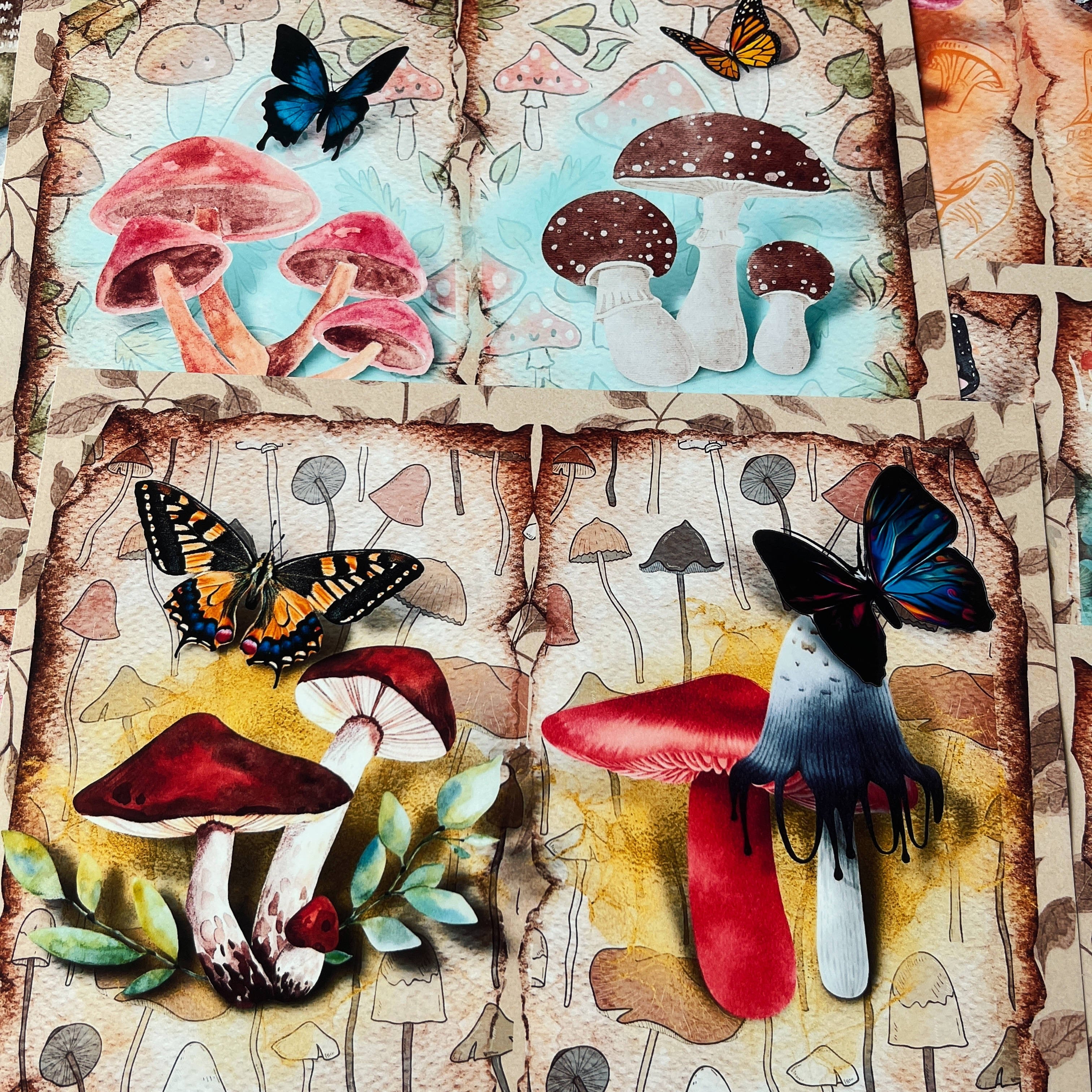 Retro Magic Forest Mushroom Butterfly Background vintage paper A4 8 sheets - ViktaShop