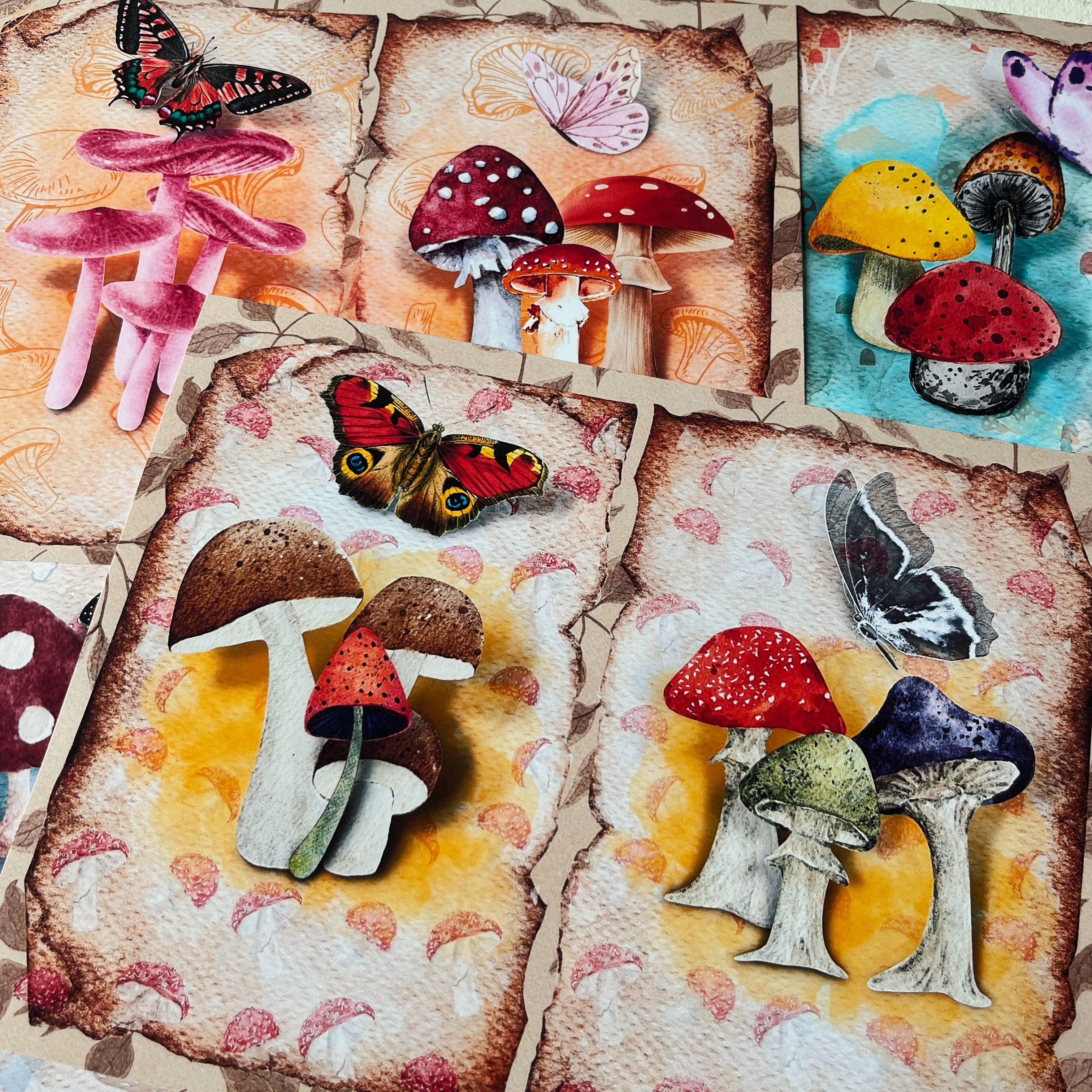 Retro Magic Forest Mushroom Butterfly Background vintage paper A4 8 sheets - ViktaShop