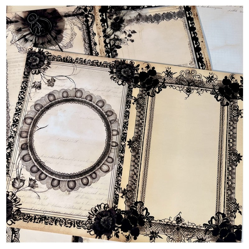 Vintage handmade European black lace material paper 10 sheets - ViktaShop