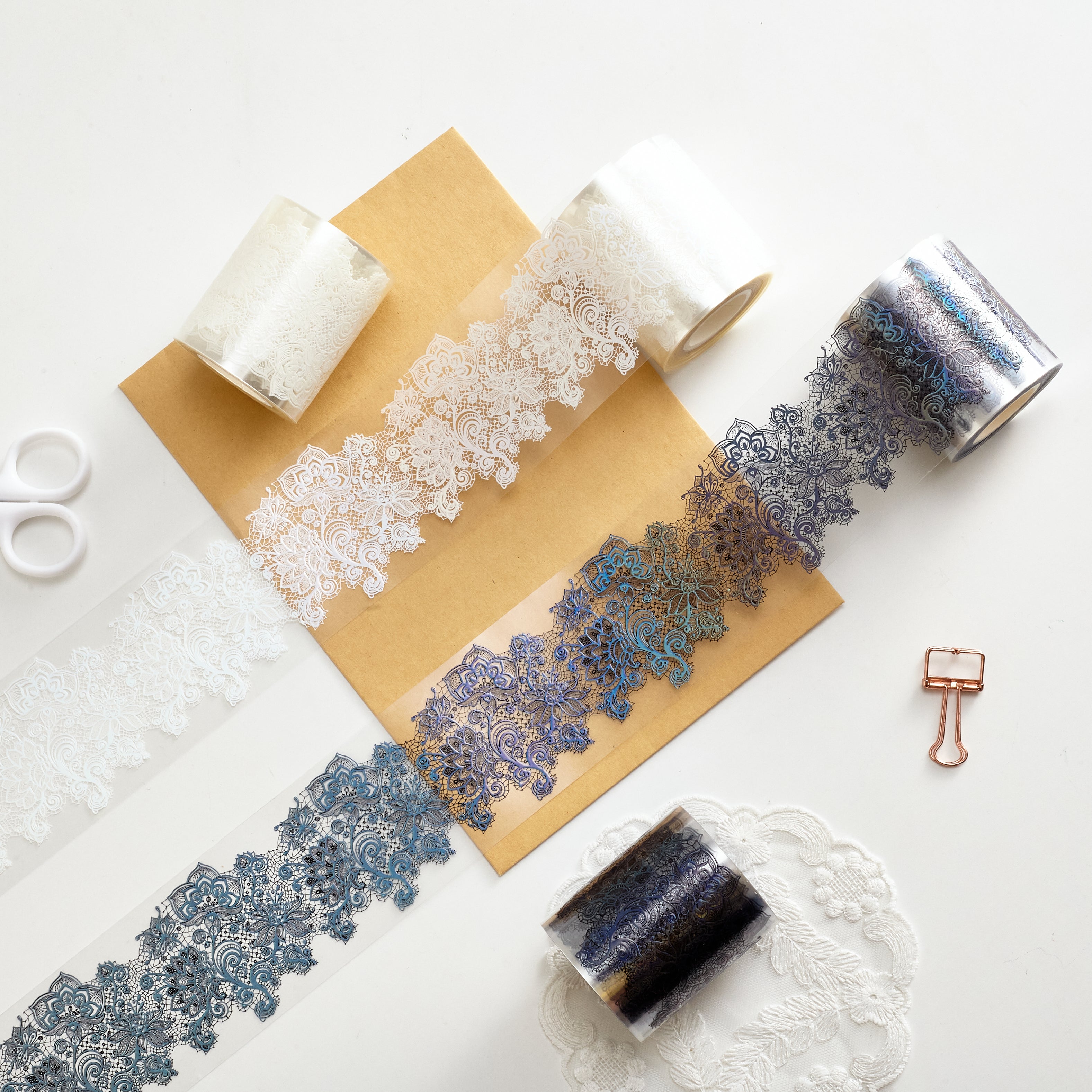 Shiimmer Flower Lace Washi / PET Tape | White & Black 6cm x 10m