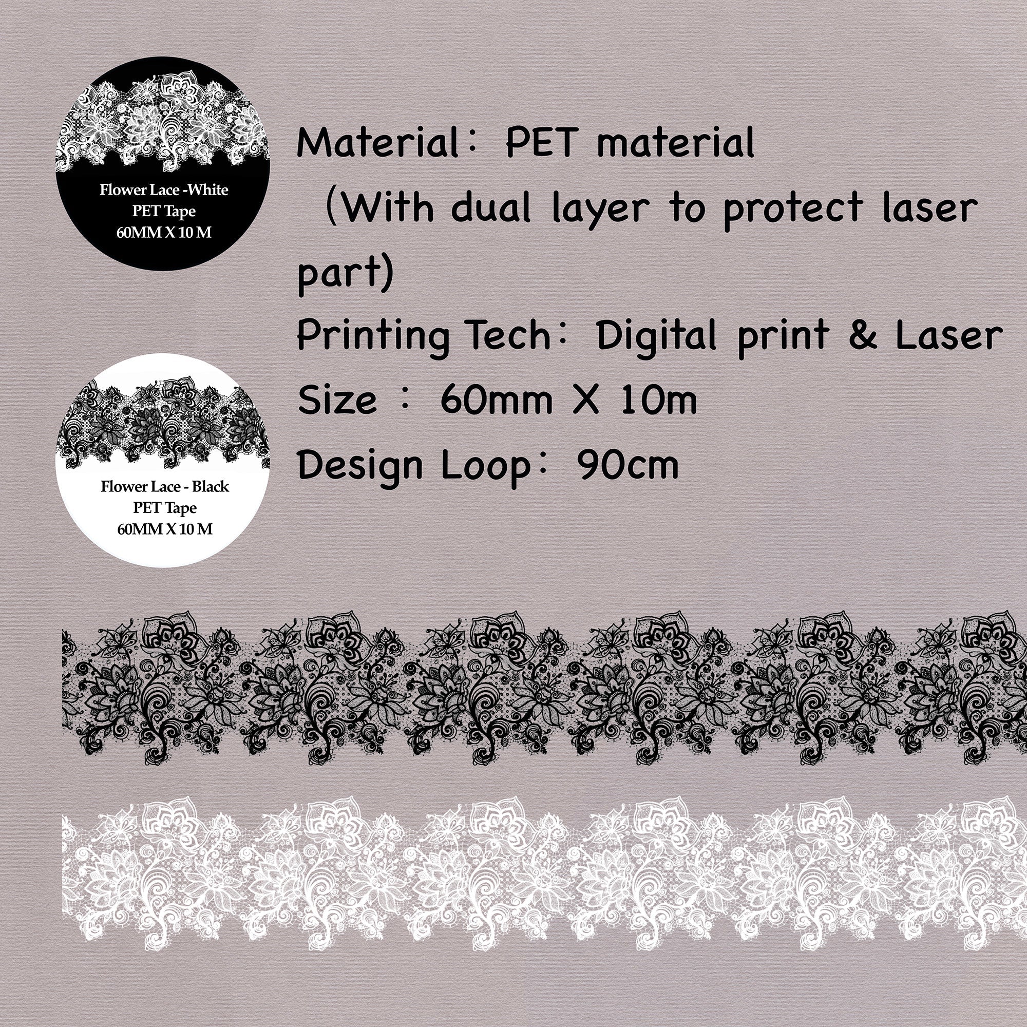 Shiimmer Flower Lace Washi / PET Tape | White & Black 6cm x 10m