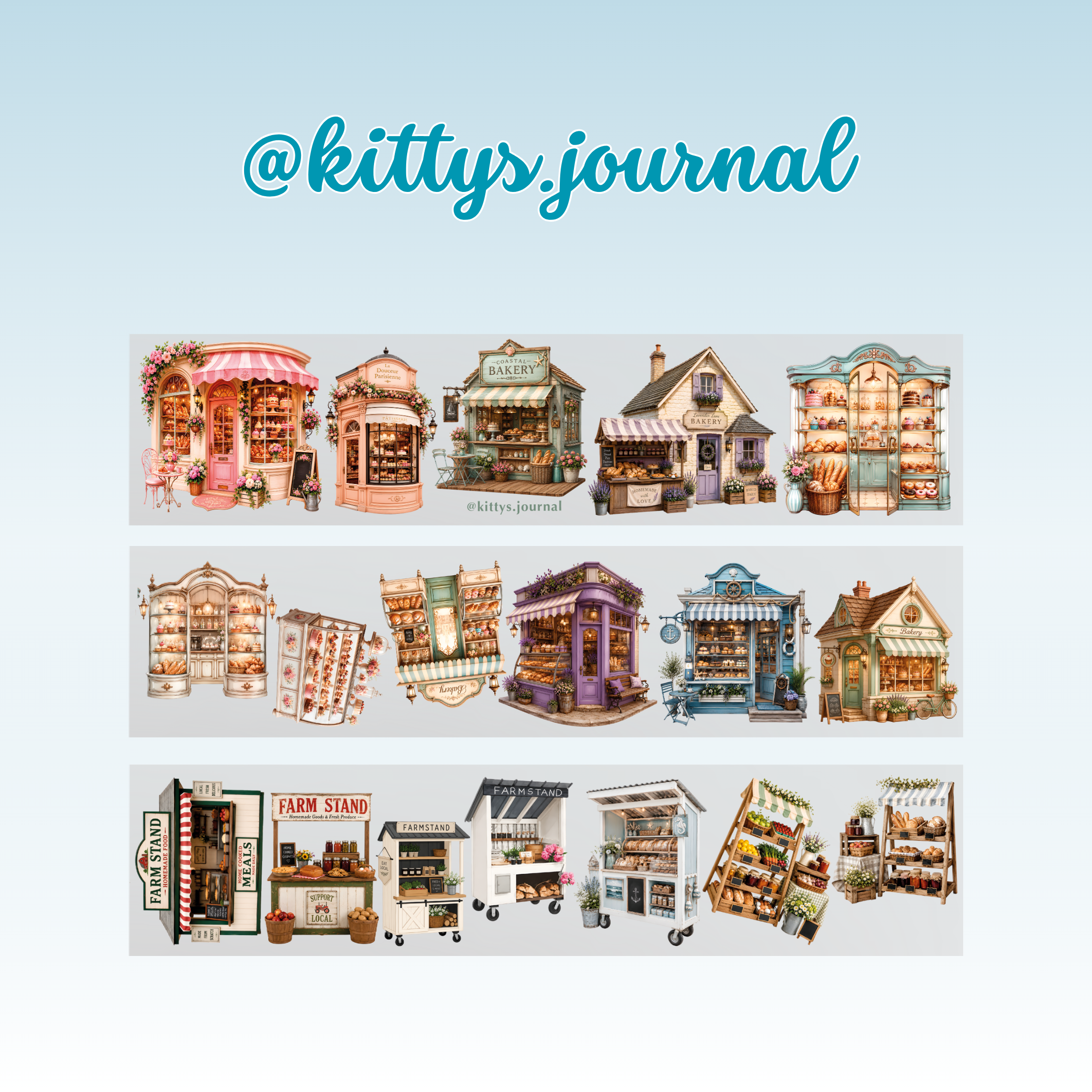 Kittys Journal Bakery Buildings and Farmstands PET Tape 9cm x 1.25m
