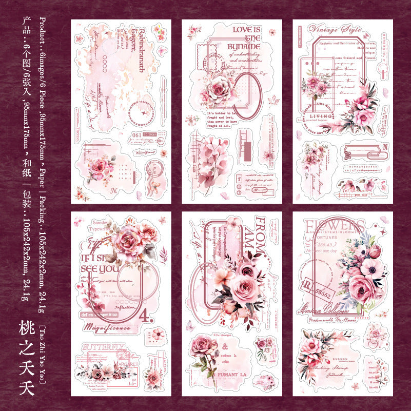 Sticker Pack - Flower Diary Series, Flowers and Border, 6 Pcs